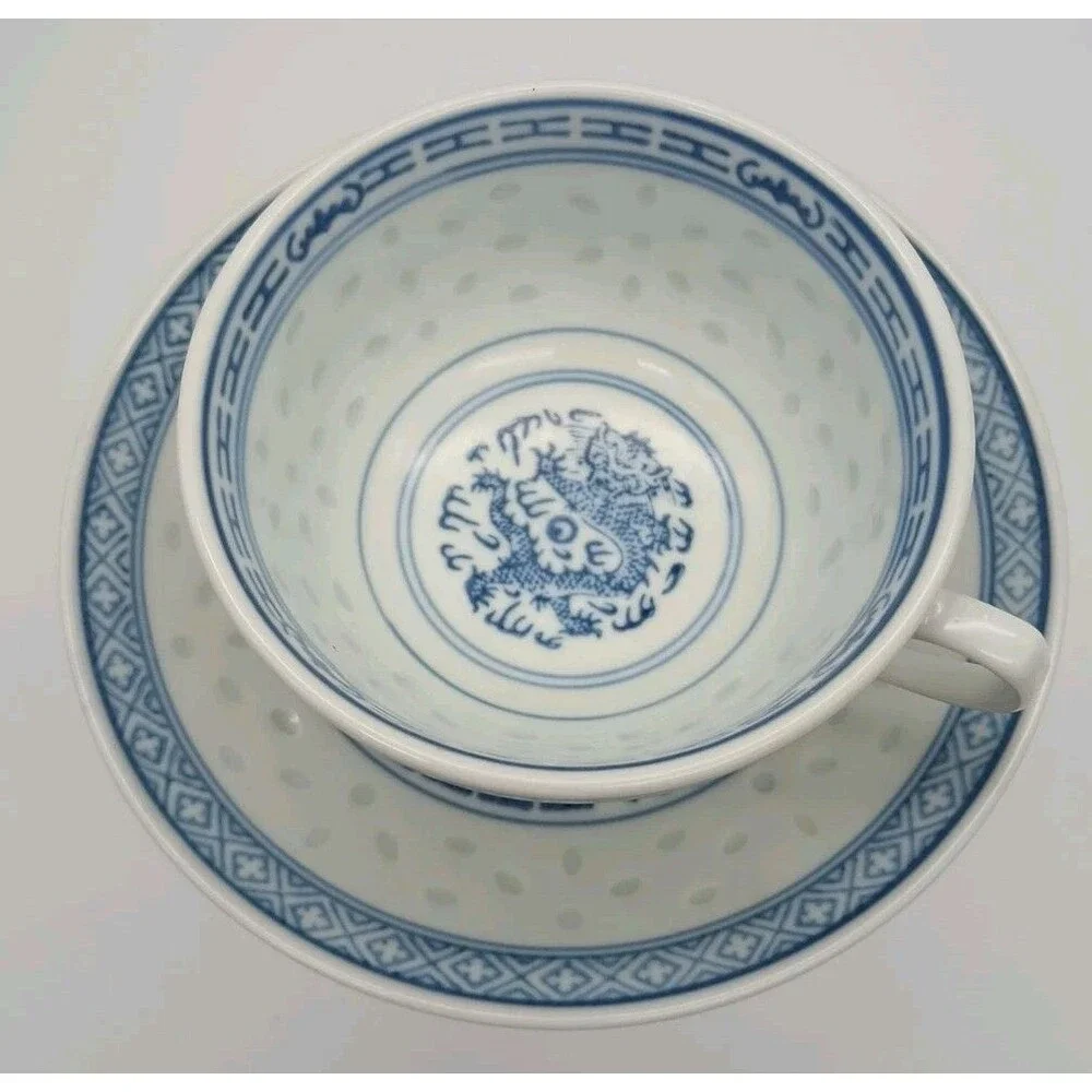 Translucent Tea Cup & Saucer Set Blue Rice Eye White Dragon Vintage Chinese
